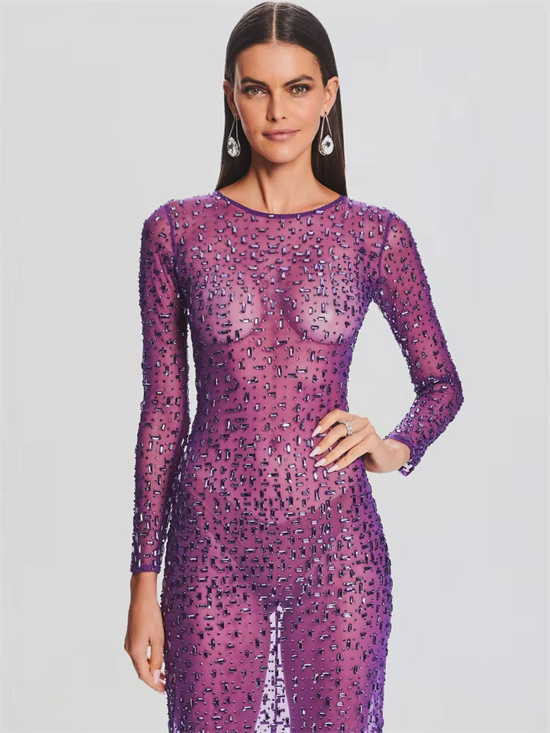Glitter Female Cover up Maxi Dress Mesh See-Through Split Fashion Long Sleeve Slim Sexy Beach Cover up Dress for Women New
