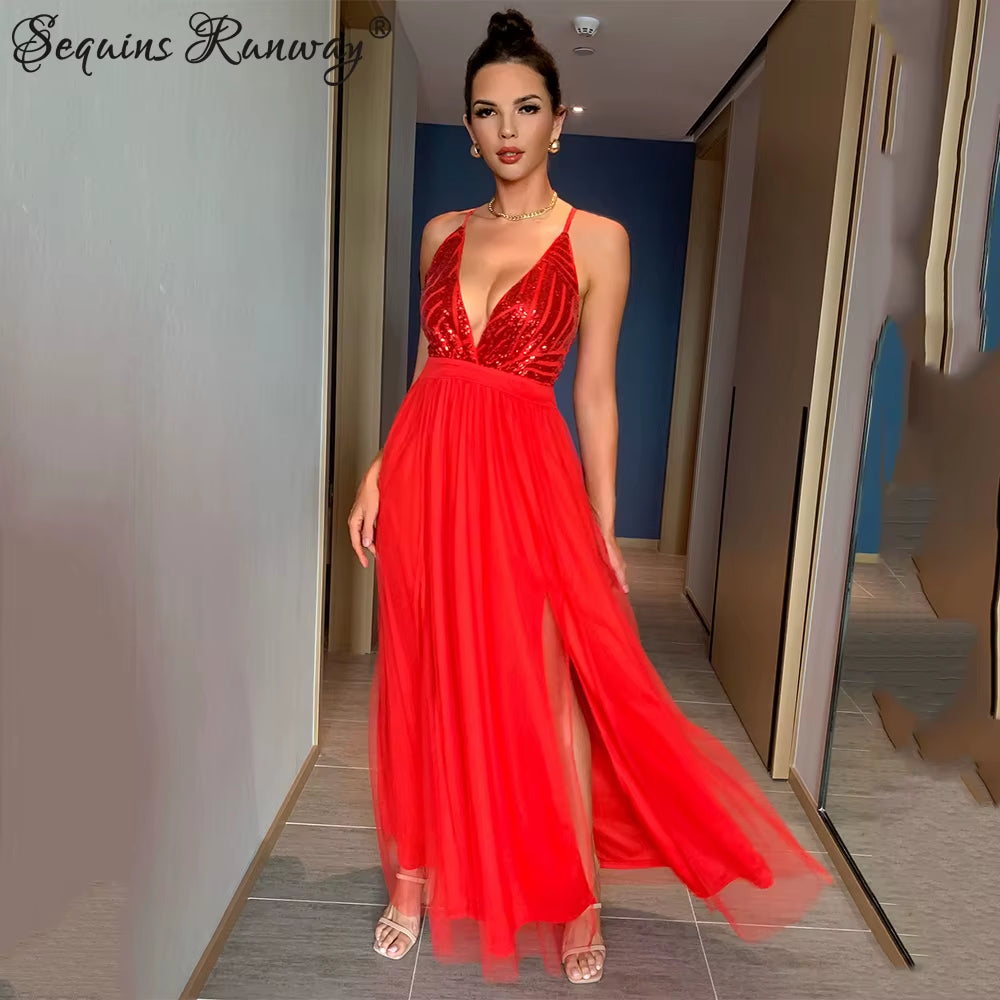 Sexy Backless Slip Sequin Corset Maxi Summer Dress Women Mesh Long Bodycon Red Christmas Party Dress Bridesmaid Evening Dresses