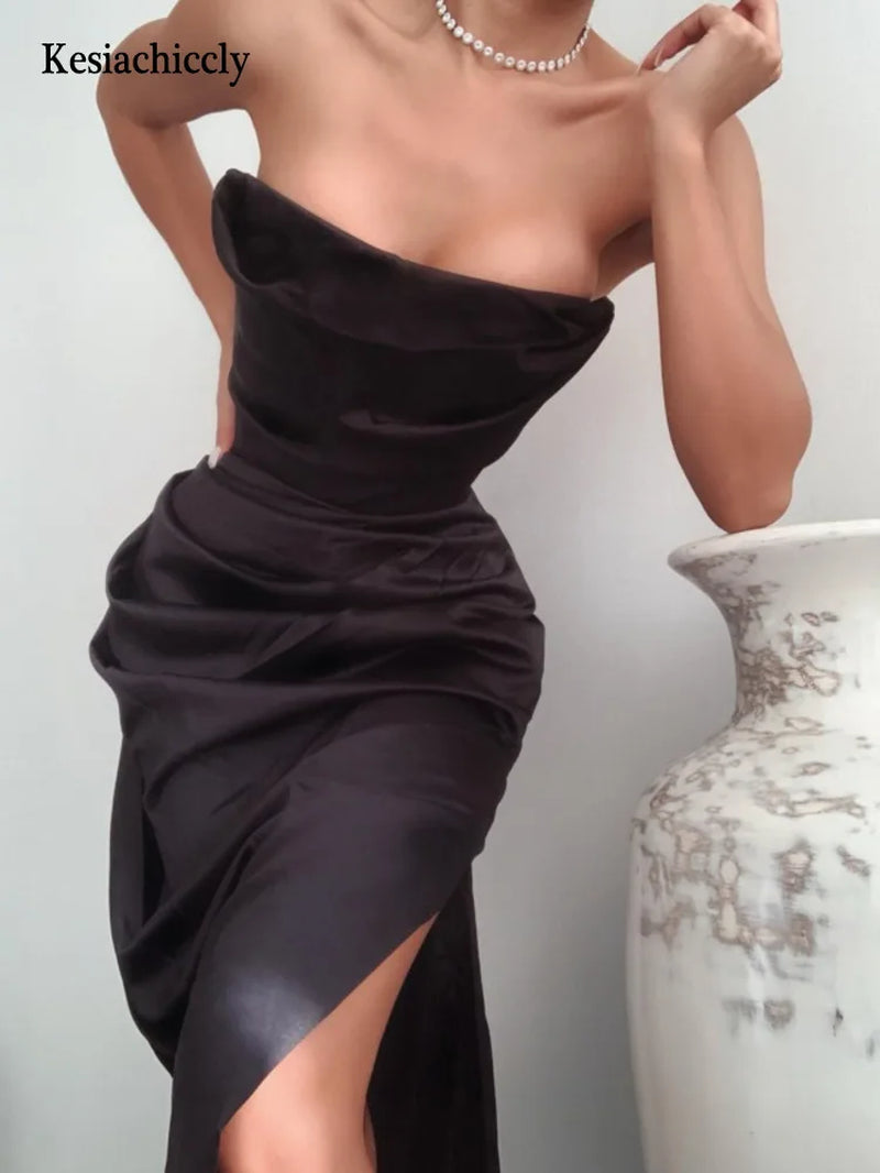 -Sexy Satin Maxi Dress for Women,Off Shoulder,Sleeveless, Backless,Side Split,Long Dress for Lady,Spring,Summer,2021