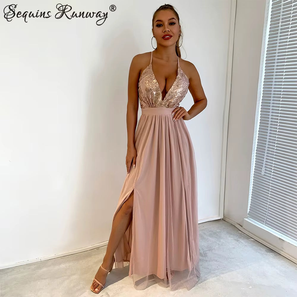Sexy Backless Slip Sequin Corset Maxi Summer Dress Women Mesh Long Bodycon Red Christmas Party Dress Bridesmaid Evening Dresses