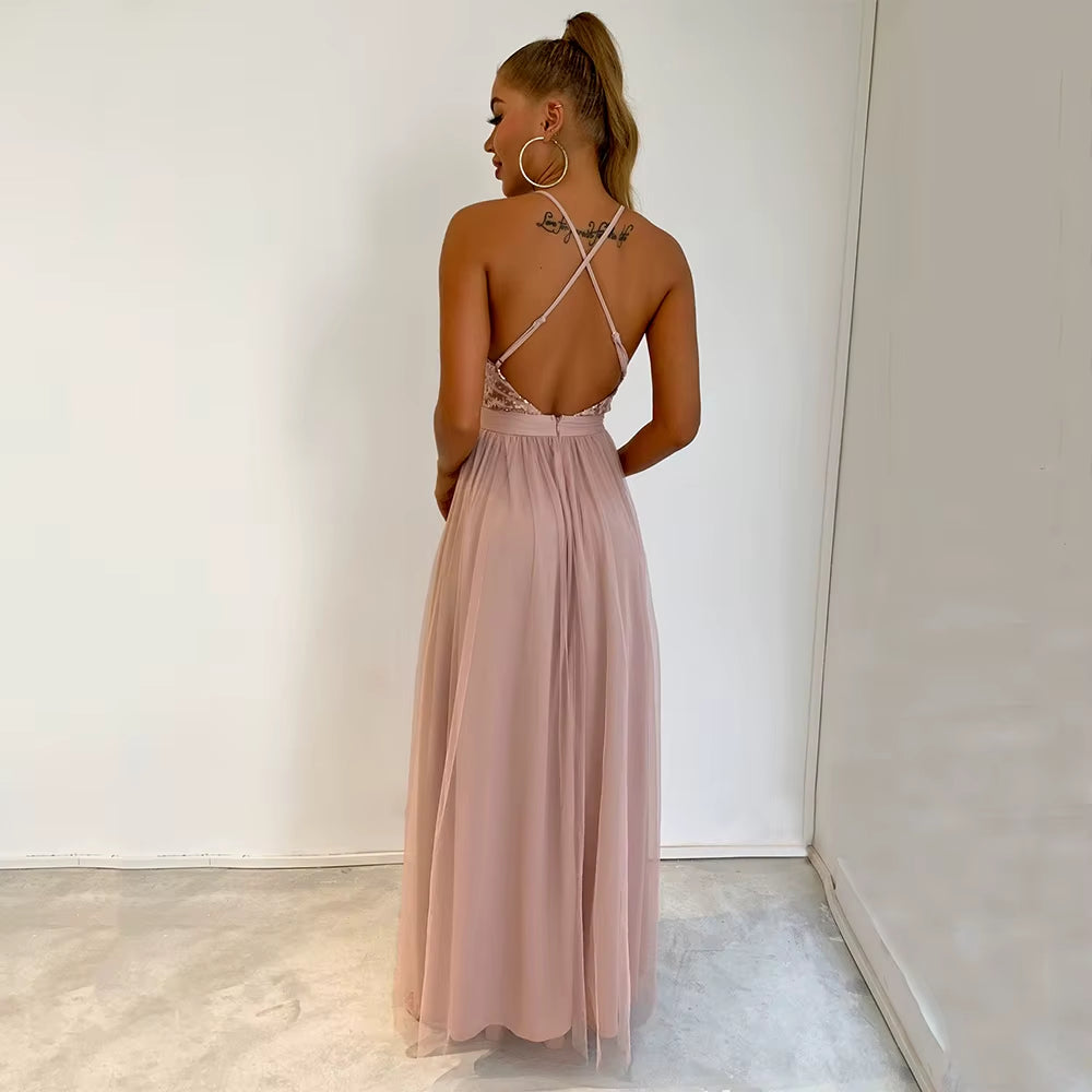 Sexy Backless Slip Sequin Corset Maxi Summer Dress Women Mesh Long Bodycon Red Christmas Party Dress Bridesmaid Evening Dresses